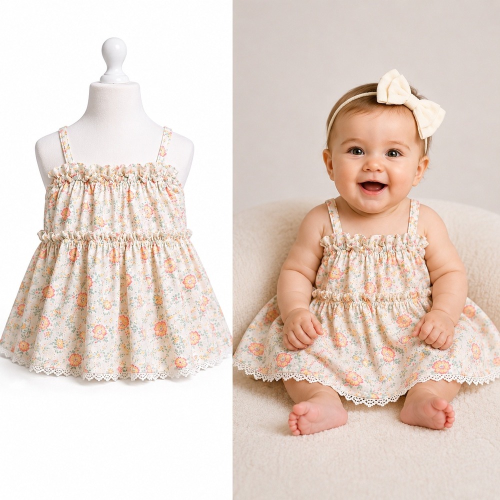 Haute Hippie Floral Dress Baby Girls 3-6M White Pink Lace Trim Ruffle Sleeveless